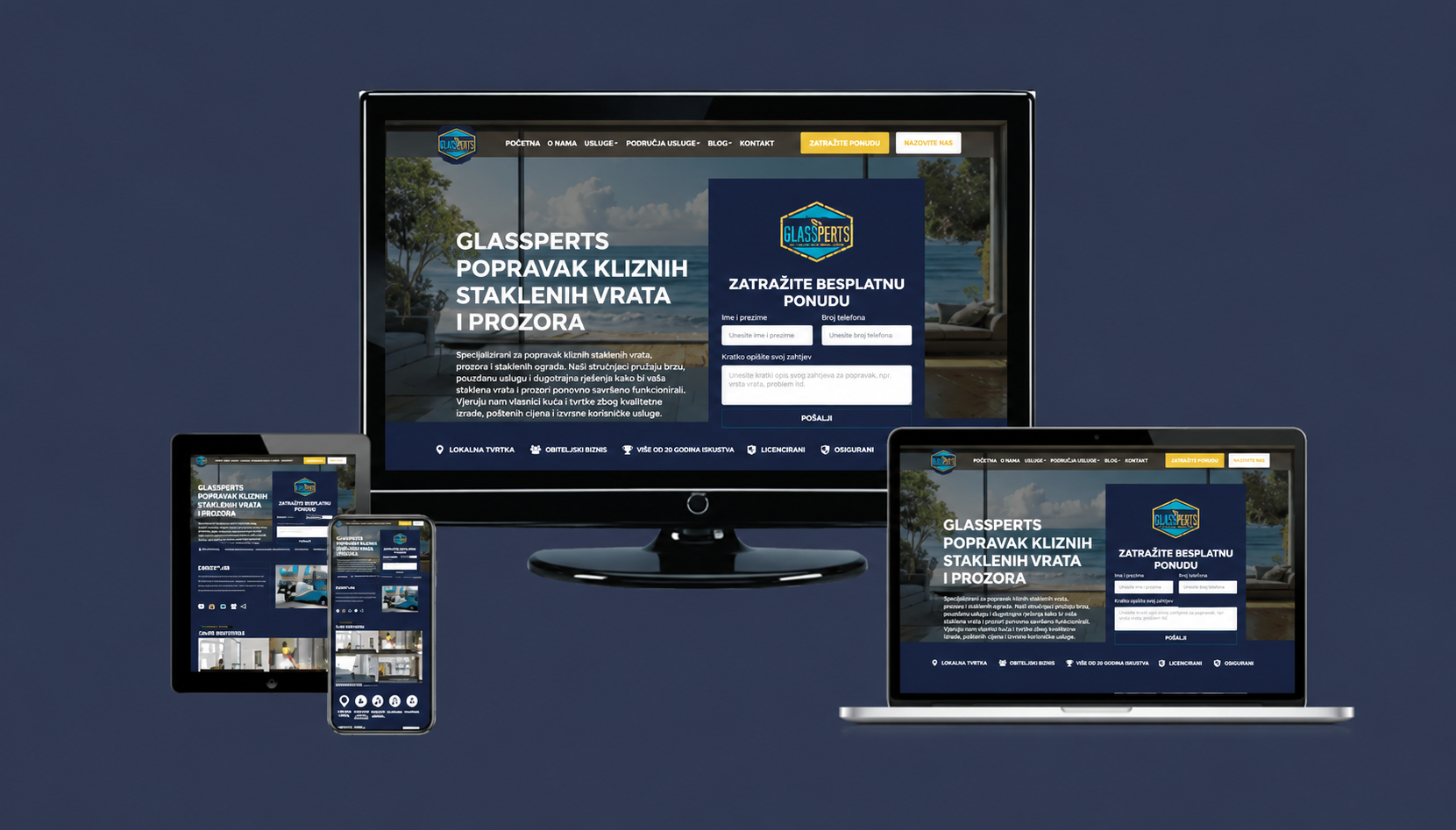 Web stranica za popravak staklenih vrata i prozora na više uređaja